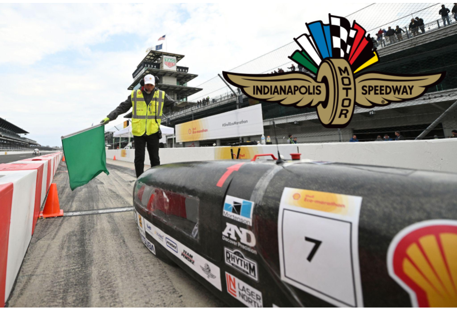 Photo of the Supermileage car at the start line of the Indianapolis Motor Speedway